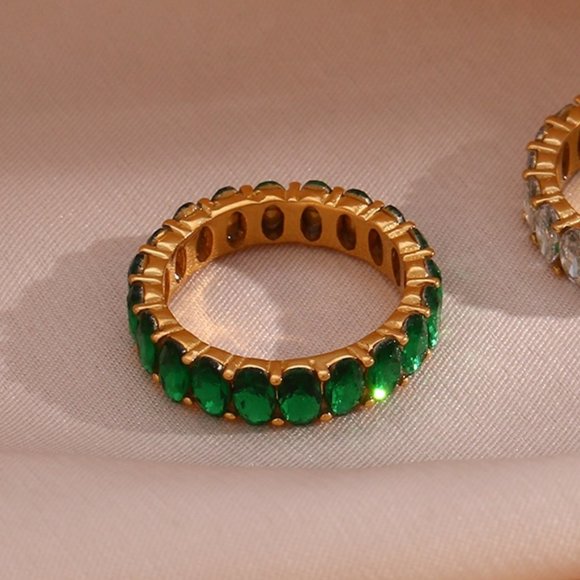 Vintage Emerald Green Baguette Oval Zircon Eternity Ring 18K Gold - Picture 6 of 8